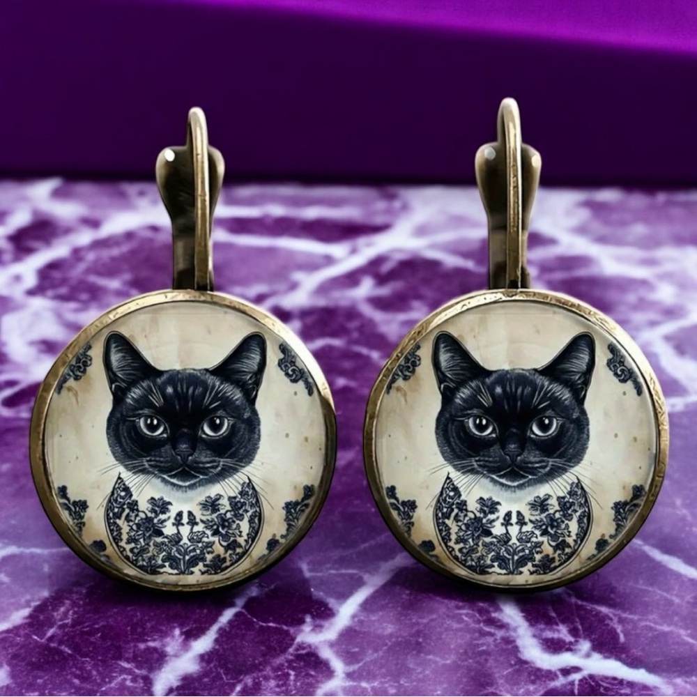 🆕 Regal - Black Cat Portrait - Drop Earrings - Alloy - Bronze - Antique 🐈‍⬛